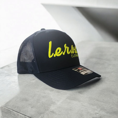 l.e.r.o.c. clothing trucker hat navy blue/ Neon yellow