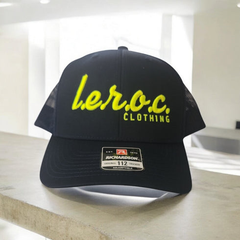 l.e.r.o.c. clothing trucker hat navy blue/ Neon yellow