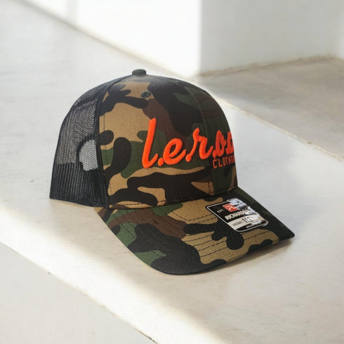 l.e.r.o.c. camo trucker hat flo orange