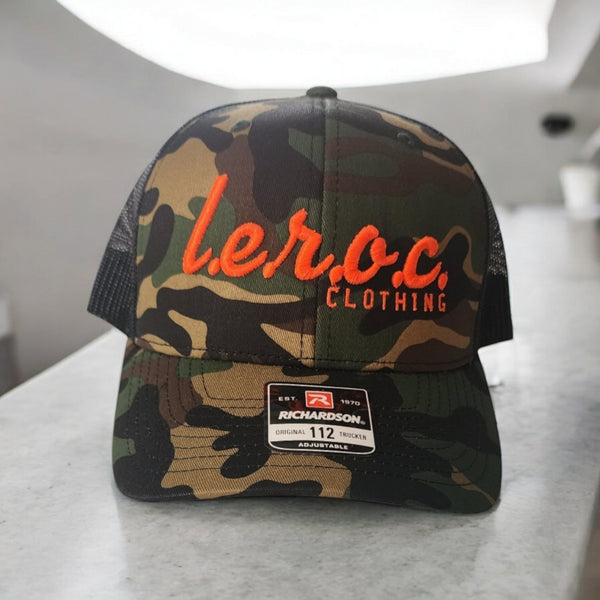 l.e.r.o.c. camo trucker hat flo orange