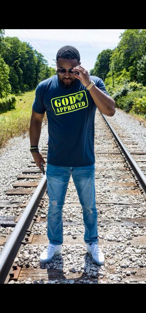 "God Approved " Tee Navy/Neon Yellow