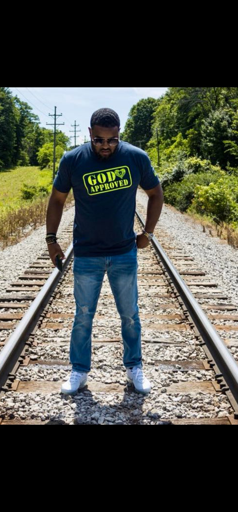 "God Approved " Tee Navy/Neon Yellow