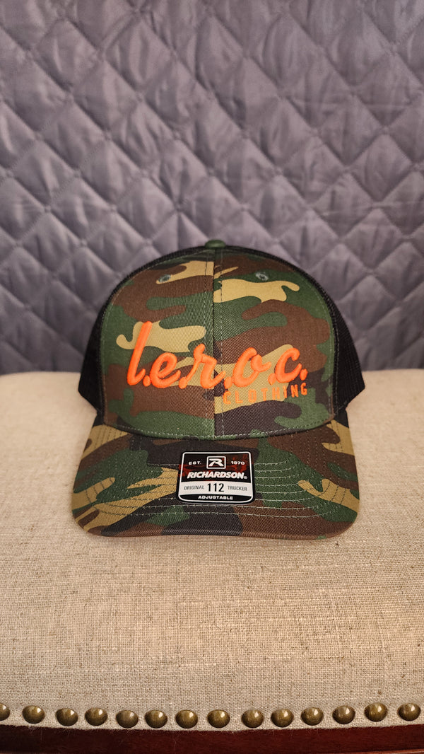 l.e.r.o.c. camo trucker hat flo orange